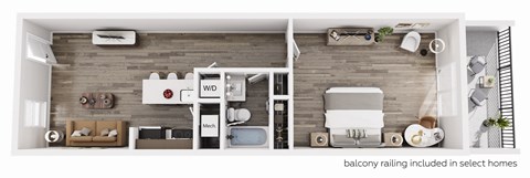 Floor plan for 1 bed, 1 bath, 636 sqft